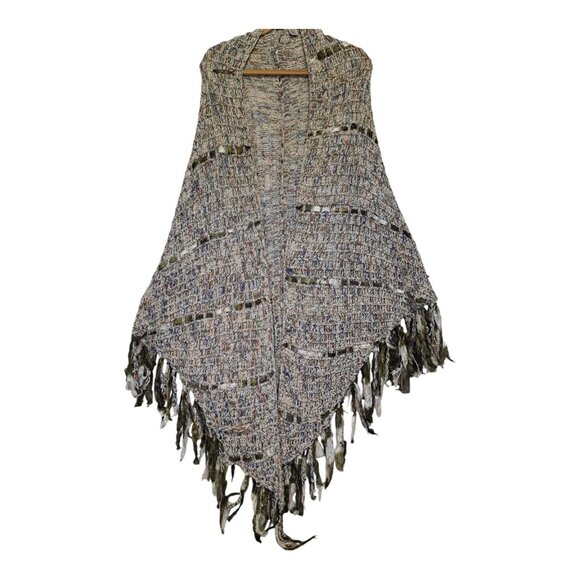 Chico's Boho Open-Knit Fringe Poncho Shawl Wrap Earthy Festival Multicolor - Picture 2 of 12